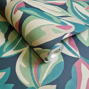 Abstract Leaf Wallpaper Navy Teal Beige Pink Green Natural Leaves Botanical