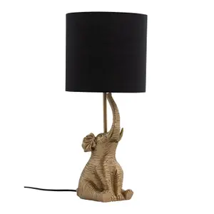 First Choice Lighting Elephant Gold Resin Table Lamp With Black Fabric Shade