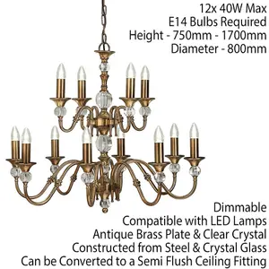 Diana Ceiling Pendant Chandelier Antique Brass & K9 Crystal Curved 12 Lamp Light