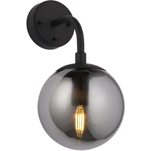 Matt Black Wall Light - Modern Beautiful Smoked Mirror Glass Round Shade - Toggle Switch