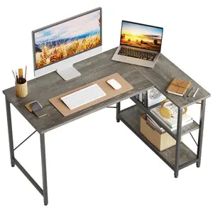 L-Shaped Desk (120 or 140cm x 90cm) Corner Desk with Adjustable Shelves by Aliff Grey / 74cm H x 120cm W x 90cm D