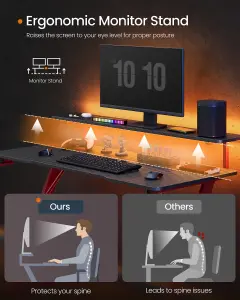 SONGMICS HOME Gaming Desk with LED Lights, Z-Shaped Computer Desk with Monitor Stand, Cup Holder and Headphone Hook