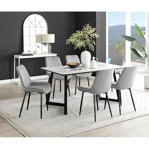 Industrial Design White & Grey Marble Effect Melamine Dining Table Set with 6 Luxury Velvet Chairs Grey/Black