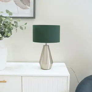 ValueLights Jax Silver Metal Touch Dimmer Table Lamp with Forest Green Drum Shade