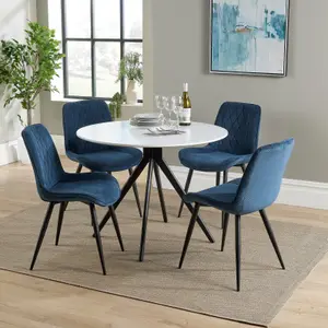 Core Products Aspen White 100cm Round Dining Table with 4 Blue Cord Fabric Diamond Stitch Design Chairs