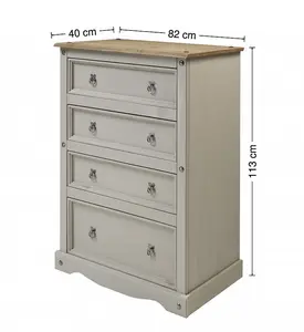 Mercers Furniture Corona Grey Wax Compact 4 Drawer Chest of Drawers Solid Pine with Mexican Styling