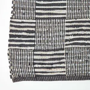 Homescapes Black & White Real Leather Handwoven Striped Block Check Rug, 66 x 200 cm