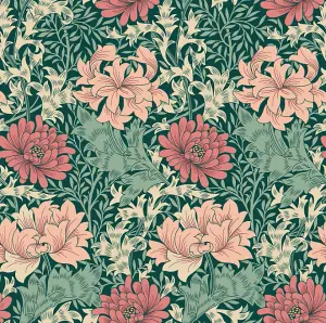 Hoopla Walls Chrysanthemum  Green & Pink Smooth Matt Wallpaper