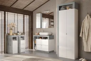 FURNICOMP Lorenzo 2 Door White Gloss and Concrete Grey Tall Bathroom Storage Cupboard