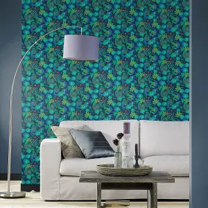 Rasch Botanical Leaves Navy Wallpaper Flowers Naturistic Paste The Wall Vinyl