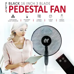 16 Inch Pedestal Fan With Remote Control Timer - Black