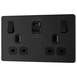 BG Matt Black Double 13A 22W Raised slim Switched Screwless Socket with USB, x2 & Black inserts