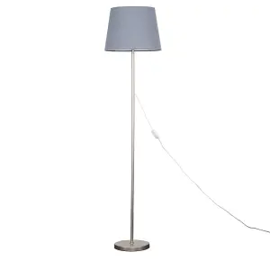 ValueLights Modern Standard Floor Lamp In Brushed Chrome Metal Finish With Grey Tapered Shade