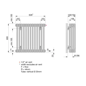 Acova White 4 Column Radiator, (W)628mm x (H)600mm