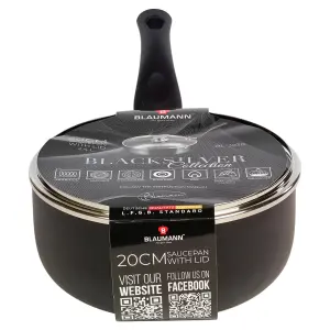 BLAUMANN 20x8.5cm Saucepan with Glass Lid 2.4L Matt Black Cookware Frying Grill Pots Pan Saucepan Casserole Soft Touch Handle Lid