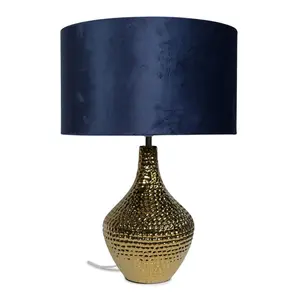 Deshi Metallic Gold Ceramic Table Lamp with Blush Velvet Reni Shade and 6W GLS Warm White Bulb Navy / Yes