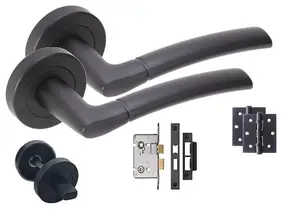 Golden Grace Indiana Style Modern Matt Black Finish Lever Latch Door Handles on Rose Internal Packs (Bathroom Set Incl. Hinges)