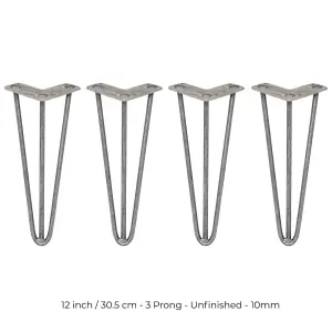 4 x Hairpin Leg - 12 - Unfinished - 3 Prong - 10m