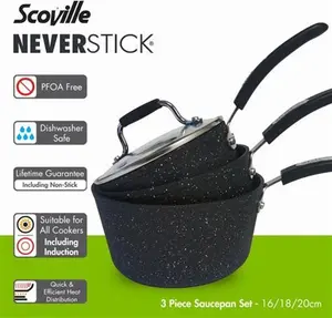 Scoville Neverstick Non-Stick Aluminium 3 Piece Saucepan Set, Black