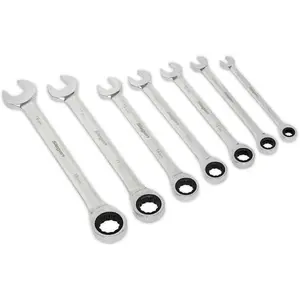 7-Piece Ratchet Combination Spanner Set - 12-Point Metric Wrench with Storage Rack