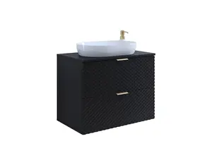 Laura 48 Floating Vanity Unit W800mm H630mm D490mm - Black Gloss with Gold Handles and Modern Floating Design