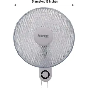 MYLEK 16" Wall Fan White - Oscillating Design with 3 Speed Settings - Pull Cord Operation - Adjustable Angle - For Homes & Offices