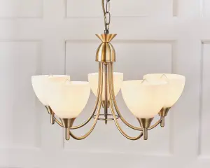 Anson Lighting Royal 5lt Pendant light finished in Antique brass plate and matt opal glass