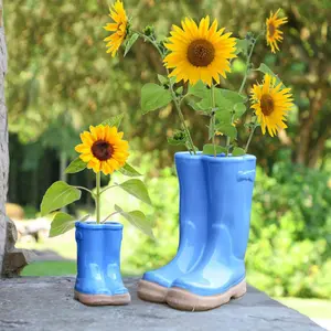 Set of 2 Little and Large Bright Blue Wellington Boots Indoor Outdoor Flower Pot Garden Planters