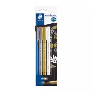 STAEDTLER 8323-S BK3 Design Journey Metallic Pens - Gold, Silver and White (Pack of 3)