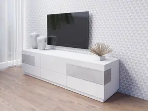 Modern Silke 40 TV Cabinet 206cm - White Gloss & Concrete Grey: Stylish Entertainment Unit for Urban Interiors