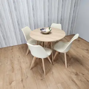 Round Oak Effect Kitchen Dining Table With 4 Cream Tulip Chairs Table Set