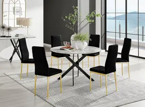 Furniturebox UK Novara White Marble Black Leg 120cm Round Dining Table & 6 Black Velvet Milan Gold Leg Chairs