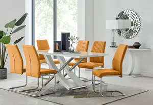 Furniturebox UK 6 Seater Dining Set - Mayfair High Gloss White Chrome Dining Table and Chairs - 6 Mustard Leather Lorenzo Chairs