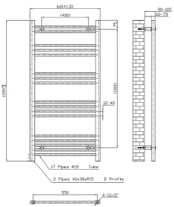 VURTU5 Designer Vertical Ladder Style Radiator, 1200(H) x 600(W), Anthracite, 613668