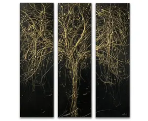 Original art, acrylic and metallic gold abstract sculptural wall art, black tree painting on 3 box canvas totalling 105cm wide x 1