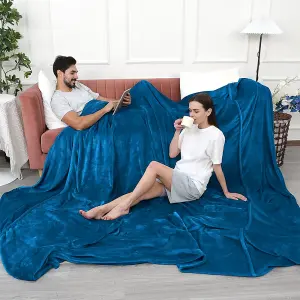 Faux Fur Mink Throw Luxury Super Soft Plain Bed Sofa Settee Throw Blanket - Medium Ocean Blue