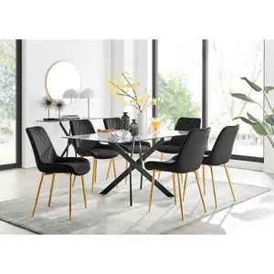 Lenworth Glass Rectangular Dining Table Set with 6 Luxury Velvet Chairs Black / Black/Gold