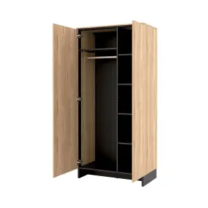 Nomad Hinged Door Double Wardrobe (H)920m( W)1950mm (D)500mm - Light Oak Ash and Black Accents