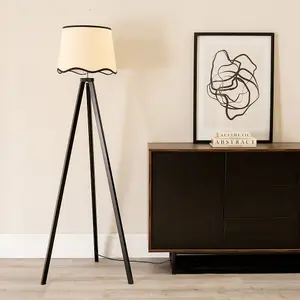 ValueLights Barbro Black Wood Tripod Floor Lamp with Natural Linen Scallop Black Edge Shade