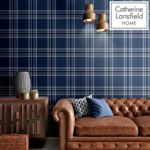 Catherine Lansfield Blue Check Metallic effect Embossed Wallpaper