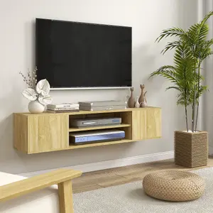 HOMCOM Floating TV Unit for 60" TVs W/ Shelves and Cabinets, Natural Wood Effect