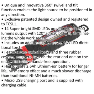 Rechargeable Inspection Light - 14 SMD LED & 3W SMD LED - 360 Degree Swivel