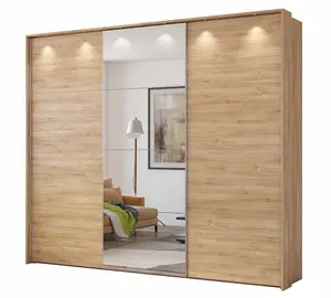 Century Sliding Door Wardrobe W2770mm H2400mm D640mm - Oak Camargue with Central Mirror