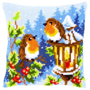 CUSHION ROBINS - Cross Stitch Kit: Cushion: Robins at the Lantern - Vervaco