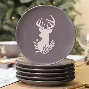 Set of 6 Grey Stag Head Christmas Dinner Plate Side Plates