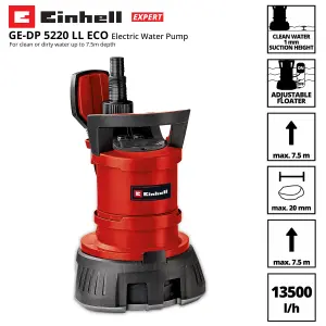 Einhell Hybrid Water Pump Clear And Dirty 13500L/h 520W Drainage Drains Floods Pools Down To 1mm - GE-DP 5220 LL ECO