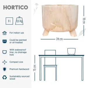 HORTICO™ Indoor Plant Pot on Feet, (Dia) 24cm GROWER Round Wooden Planter for House Plants with Waterproof Liner D24 H19 cm, 4.1L