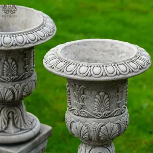 Pair of Classical Urns + Plinths Stone Planters British made Garden Ornament