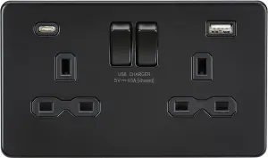 13A 2G SP Switched Socket with Dual USB A+C (5V DC 4.0A shared) - Matt Black with Black Insert