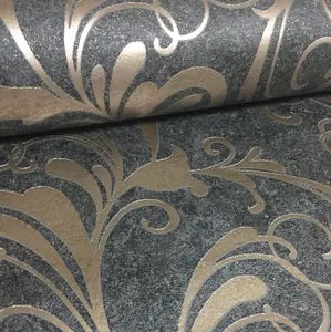 Rasch Scroll Charcoal Black Metallic Bronze Glitter Textured Wallpaper 301861